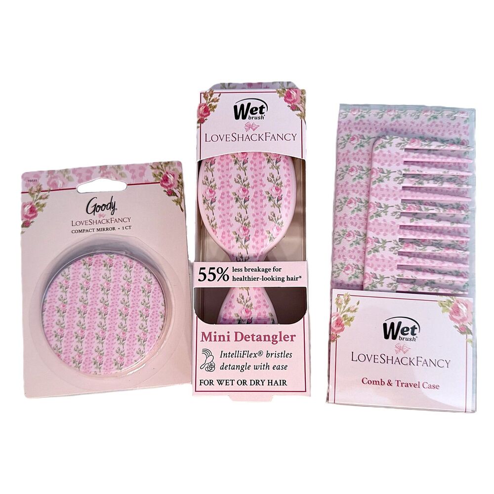 LoveShackFancy Pink Floral 3 Pc Beauty Set Wet Brush Mirror Comb NWT